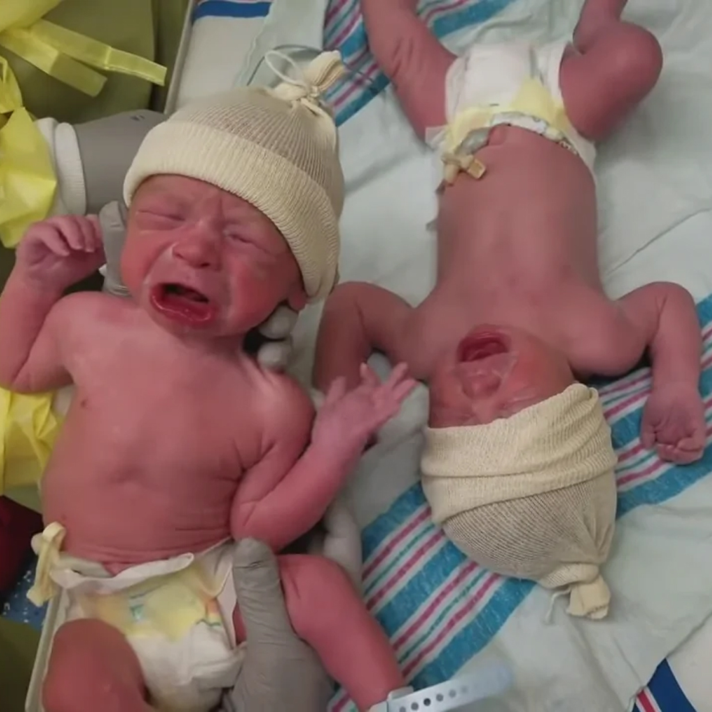 Heartwarming moment as newborn twins find comfort in each other's arms right after birth